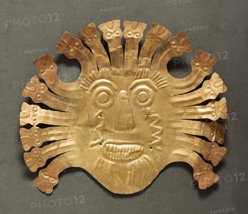 Mask, 100 BC-700. Peru, South Coast, Nasca style (100 BC-AD 700). Hammered gold alloy; overall: 18.4 x 21.8 cm (7 1/4 x 8 9/16 in.).