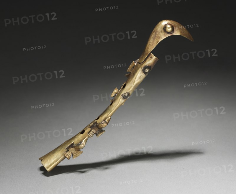 Flute, c. 500-200 BC. Peru, Northern Highlands, Chavín de Huantar(?), Chavín style (1000-200 BC). Hammered and cut gold; overall: 14 cm (5 1/2 in.).