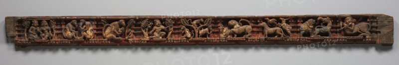 Narrative Frieze:  Forest Retreat with  Animals - Architrave from a Jain Temple, 1500s-1600s. India, Gujarat, 16th-17th century. Wood with traces of color; overall: 20.4 x 260.2 x 9 cm (8 1/16 x 102 7/16 x 3 9/16 in.).