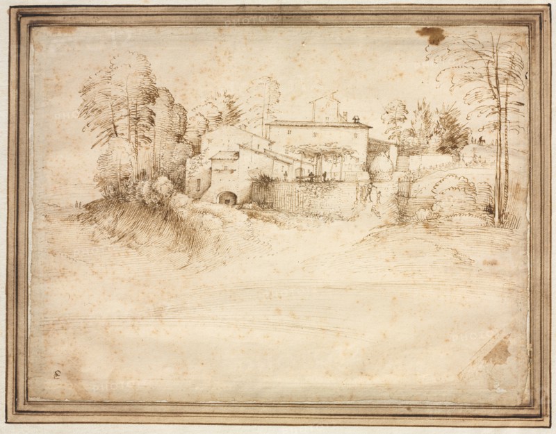 Farmhouse on the Slope of a Hill, c. 1508. Fra Bartolommeo (Italian, 1472-1517). Pen and brown ink; sheet: 22.3 x 29.4 cm (8 3/4 x 11 9/16 in.); secondary support: 27.5 x 41.2 cm (10 13/16 x 16 1/4 in.).