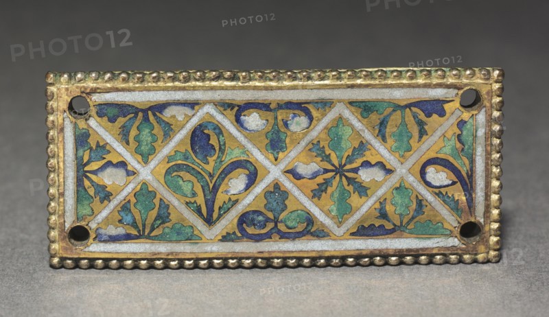 Plaque from a Reliquary Shrine, c. 1170. Germany, Rhine Valley, Cologne, Romanesque period, 12th century. Gilded copper; champlevé and cloisonné enamel; overall: 2.7 x 6.1 cm (1 1/16 x 2 3/8 in.)