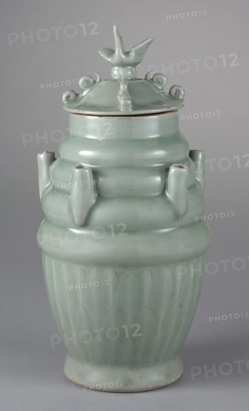 Five-Spouted Vase with Cover, 1000s-1100s. China, Zhejiang province, Longquan region, Northern Song dynasty (960-1127). Green-glazed porcelaneous stoneware, Longquan ware; overall: 29.9 x 16.6 cm (11 3/4 x 6 9/16 in.).