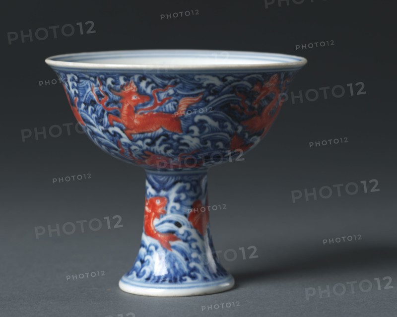 Stem Cup, 1426-1435. China, Jiangxi province, Jingdezhen, Ming dynasty (1368-1644), Xuande mark and period (1426-1435). Porcelain with underglaze blue and overglaze red enamel decoration; overall: 9 x 9.9 cm (3 9/16 x 3 7/8 in.).