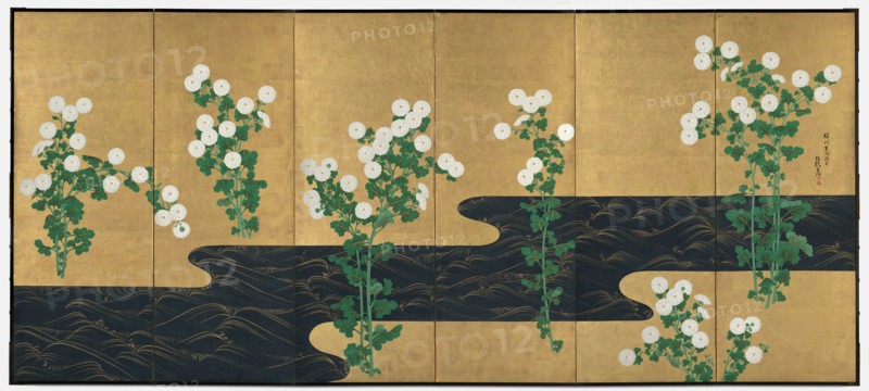 Chrysanthemums by a Stream, late 1700s-early 1800s. Follower of Ogata Korin (Japanese, 1658-1716). Pair of six-panel folding screens; ink and color on gilded paper; overall: 163.2 x 369.9 cm (64 1/4 x 145 5/8 in.).