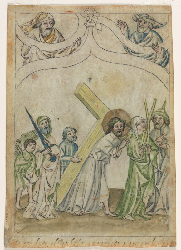 Single Leaf from a "Biblia Pauperum": Christ Crowned with Thorns, c. 1410. Germany, Bavaria, 15th century. Ink and tempera on vellum; sheet: 19.8 x 14.2 cm (7 13/16 x 5 9/16 in.)