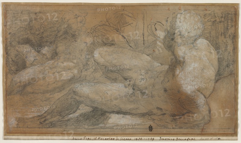 Three Male Nudes, c. 1540-1547. Domenico Beccafumi (Italian, 1486-1551). Black chalk or charcoal (stumped in places), with traces of brush and black chalk wash, heightened with white; incised, framing lines in black chalk or charcoal  (top and bottom), on light brown laid paper (discolored), laid down on a secondary support (not visible), laid on a tertiary support of laid paper; sheet: 23.2 x 41.7 cm (9 1/8 x 16 7/16 in.); secondary support: 23.2 x 41.9 cm (9 1/8 x 16 1/2 in.); tertiary support: 24.8 x 42.7 cm (9 3/4 x 16 13/16 in.).