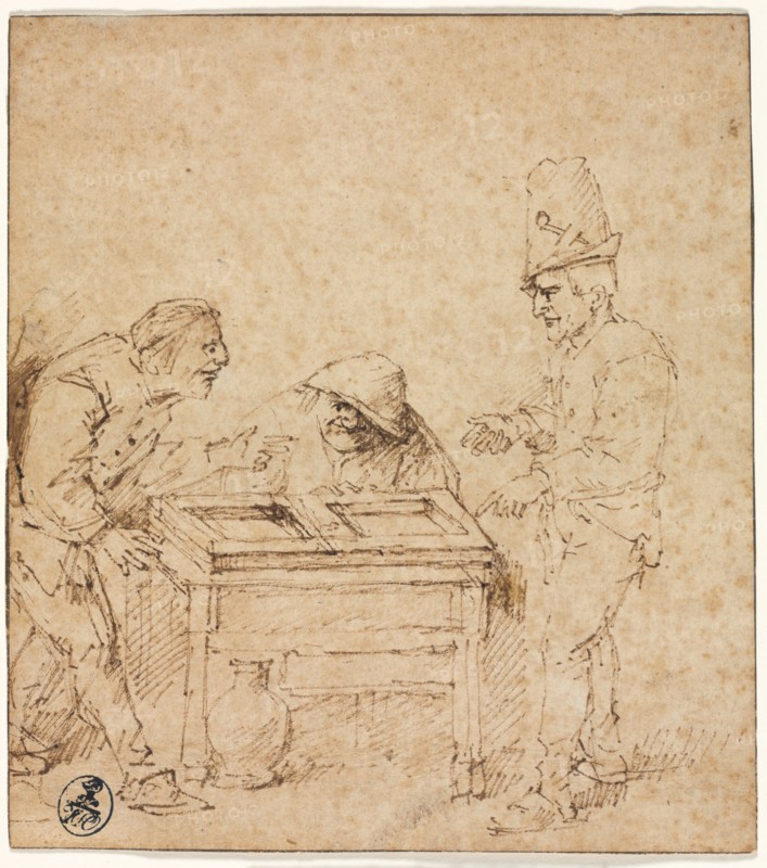 The Tric-Trac Players, c. 1660. Philips de Koninck (Dutch, 1619-1688). Reed pen and brown ink (with  brush and brown wash behind left figure); framing lines in brown ink; sheet: 18.8 x 16.7 cm (7 3/8 x 6 9/16 in.).