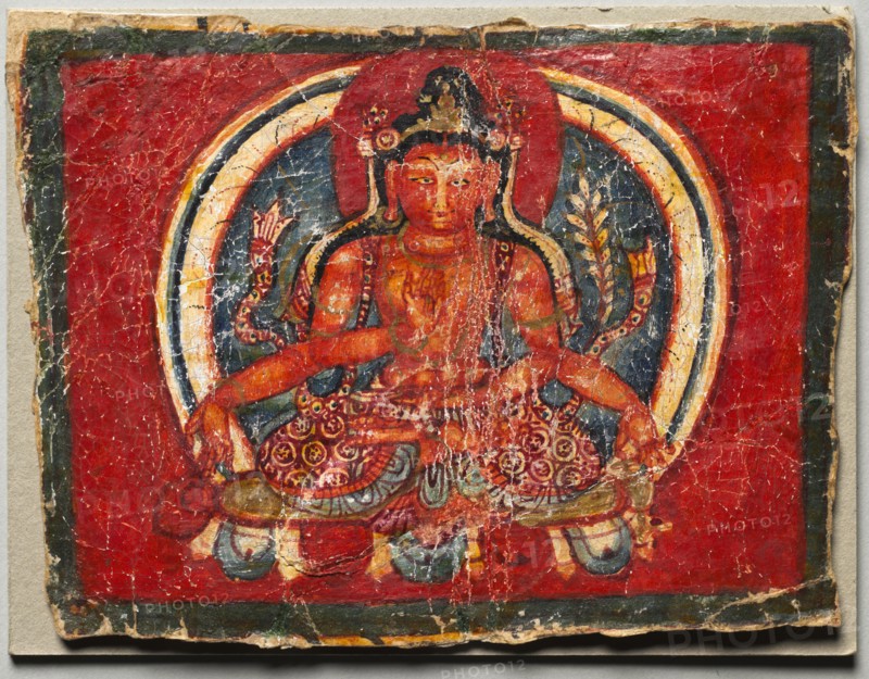 Four-armed Maitreya, c. 1200. Western Tibet  [or Kashmir (?)], Guge School (?), c. early 13th century. Color and varnish on paper (manuscript fragment); overall: 6.8 x 9 cm (2 11/16 x 3 9/16 in.).
