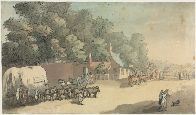 The Turnpike Gate, 1700s. Anonymous. Pen and ink and watercolor wash