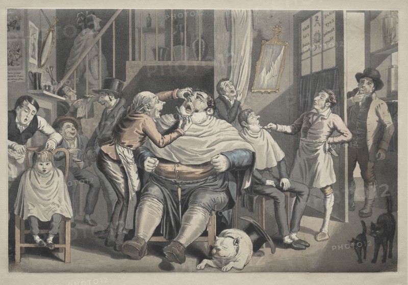 A Barber's Shop. After Thomas Rowlandson (British, 1756-1827). Etching and aquatint, hand colored