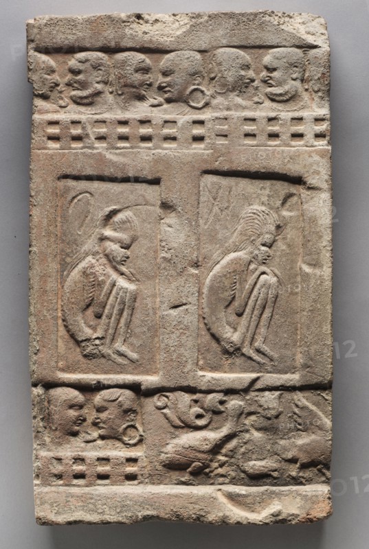 Seated Ascetics, 4th Century. India, Kashmir, Harwan, 4th century. Terracotta; overall: 50.8 x 30.6 x 5.2 cm (20 x 12 1/16 x 2 1/16 in.).