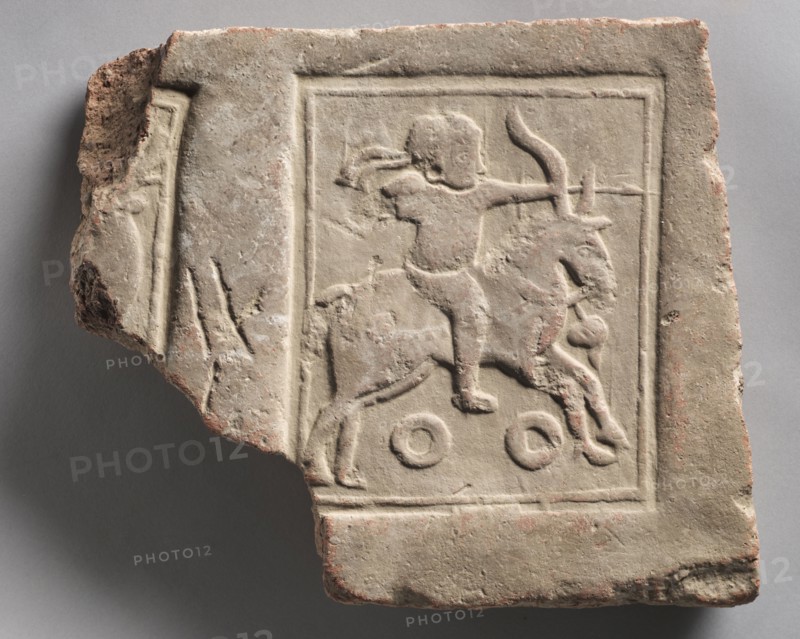 Archer on Horse, 4th Century. India, Kashmir, Harwan, 4th century. Terracotta; overall: 33 x 36.9 x 6.4 cm (13 x 14 1/2 x 2 1/2 in.).