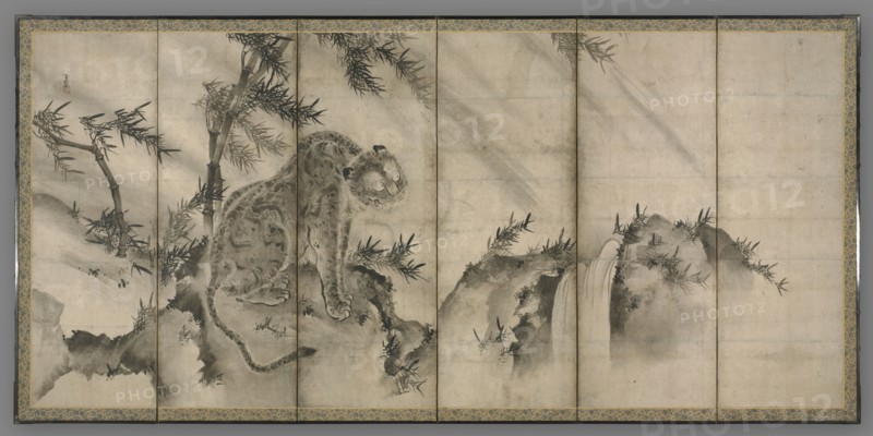 Tiger, 1500s. Sesson Shukei (Japanese, 1504-1589). Pair of six-panel folding screens; ink on paper; overall: 168.7 x 350.4 cm (66 7/16 x 137 15/16 in.); image: 157.3 x 339 cm (61 15/16 x 133 7/16 in.).