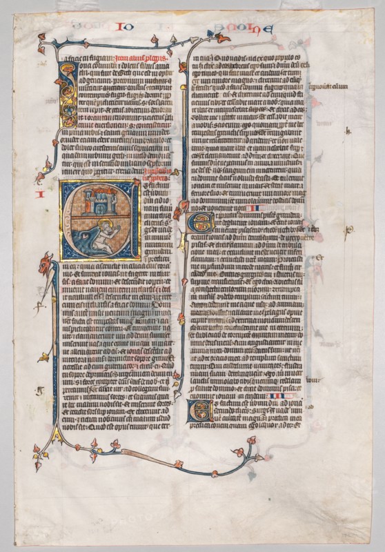 Single Leaf from a Bible: Initial E[t factum est] with Jonah Swallowed by the Whale, c. 1290. France, Paris, 13th century. Ink, tempera, and gold on vellum; sheet: 26.7 x 40.3 cm (10 1/2 x 15 7/8 in.)