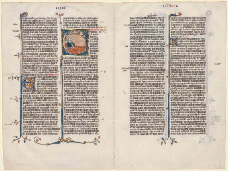 Bifolium from a Bible: Initial E[t factum est] with Ezekiel, c. 1290. France, Paris, 13th century. Ink, tempera, and gold on vellum; sheet: 40.3 x 53.7 cm (15 7/8 x 21 1/8 in.)