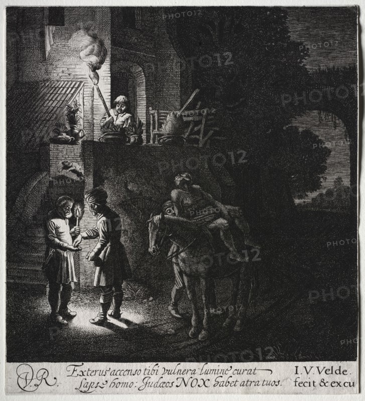 The Good Samaritan Paying the Innkeeper. Jan van de Velde (Dutch, 1620-1662). Engraving
