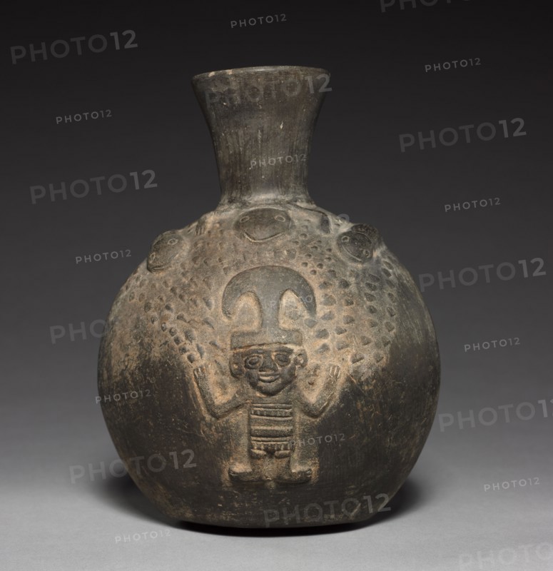 Bottle with Figure in Relief, 1200s-1400s. Peru, probably Chiclaya, Chimu, 13th-15th century. Black ware; overall: 21.5 x 16.3 x 14.5 cm (8 7/16 x 6 7/16 x 5 11/16 in.).