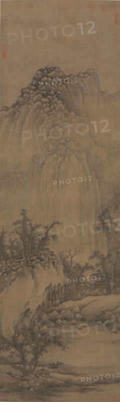 Buddhist Retreat by Stream and Mountains, 960-985. Juran (Chinese, act. 960-985). Hanging scroll, ink on silk; painting only: 184.5 x 56.1 cm (72 5/8 x 22 1/16 in.); overall: 260.5 x 68 cm (102 9/16 x 26 3/4 in.).