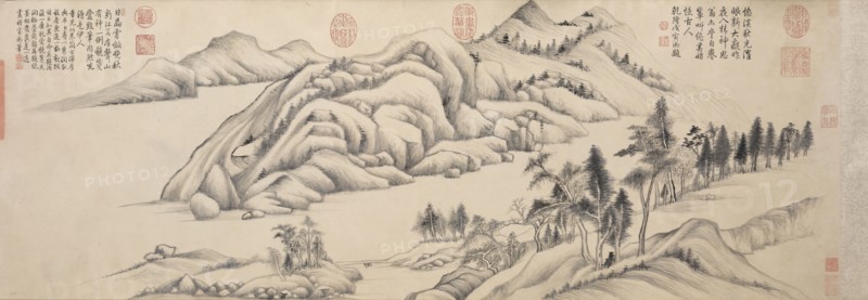 River and Mountains on a Clear Autumn Day, c. 1624-1627. Dong Qichang (Chinese, 1555-1636). Handscroll, ink on Korean paper; painting only: 38.4 x 136.8 cm (15 1/8 x 53 7/8 in.).