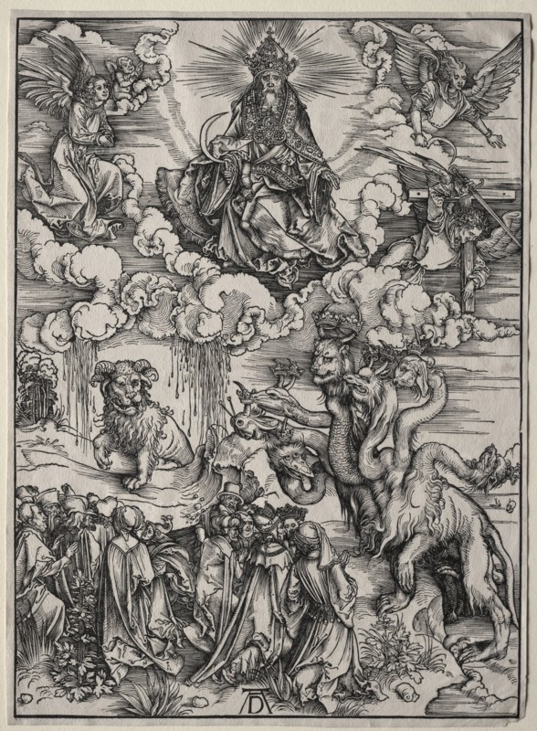 The Beast with Seven Heads and the Beast with Lamb's Horns. Albrecht Dürer (German, 1471-1528). Woodcut