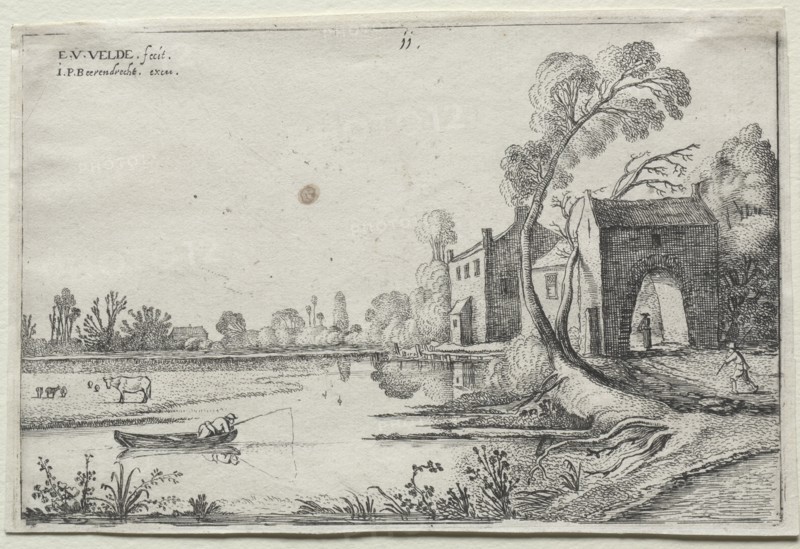 Landscape with a River and a  Gatehouse, 1614. Van de Velde Esaias (Dutch, 1587-1630). Etching