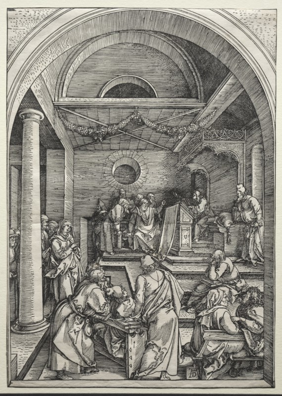 The Life of the Virgin: Christ Disputing with Doctors, c. 1503-1504. Albrecht Dürer (German, 1471-1528). Woodcut