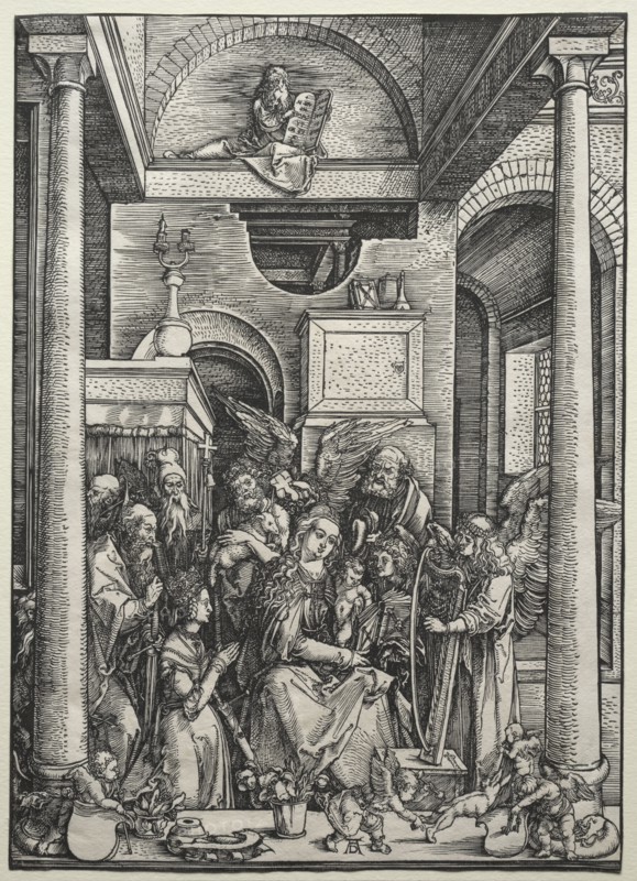 The Life of the Virgin: The Virgin and Child Surrounded by Saints and Angels, c. 1500-1502. Albrecht Dürer (German, 1471-1528). Woodcut