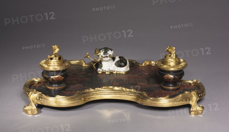 Inkstand,  c. 1745-1749. France, mid-18th century. Ormolu and lacquer; overall: 12.7 x 38.1 x 29.9 cm (5 x 15 x 11 3/4 in.).