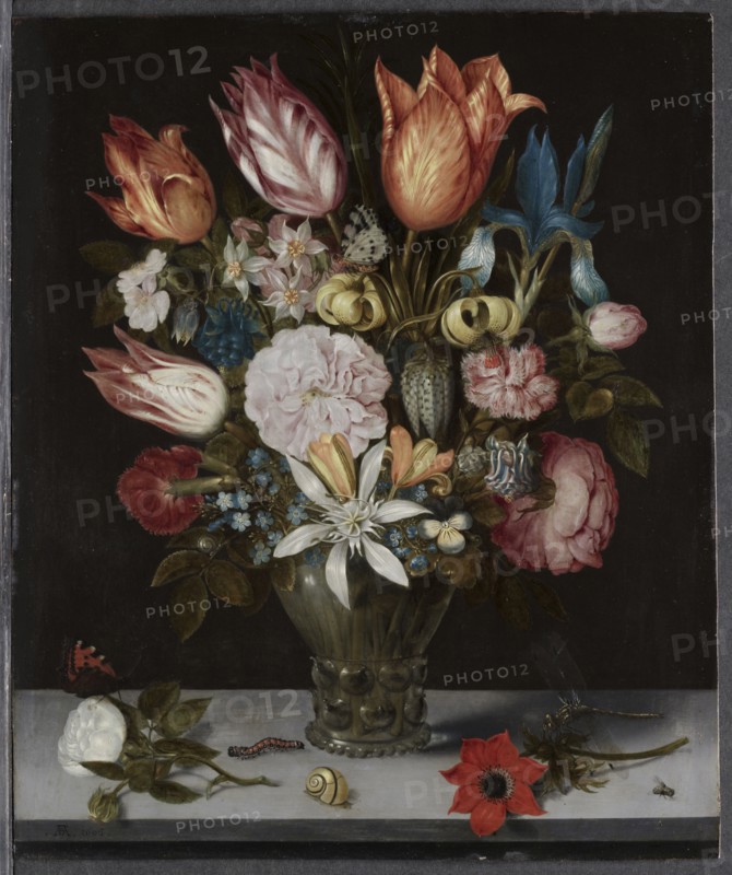 Flowers in a Glass, 1606. Ambrosius Bosschaert (Dutch, 1573-1621). Oil on copper; framed: 60.3 x 52.8 x 6.4 cm (23 3/4 x 20 13/16 x 2 1/2 in.); unframed: 35.6 x 29.3 cm (14 x 11 9/16 in.).