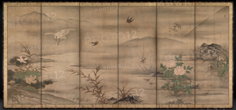 Birds and Flowers in a Landscape of the Four Seasons, second half of the 1500s. Follower of Sesshu Toyo (Japanese, 1420-1506). Six-panel folding screen, ink and color on paper; image: 158.5 x 359.4 cm (62 3/8 x 141 1/2 in.); overall: 175.2 x 374.4 cm (69 x 147 3/8 in.).