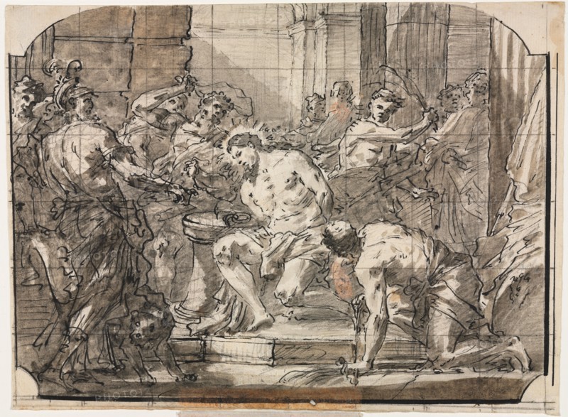 Flagellation of Christ, c. 1750/55. Gaspare Diziani (Italian, 1689-1767). Pen and black ink, black chalk, and brush and gray wash, with brush and brown wash; squared in graphite, framing lines in black chalk and black ink; sheet: 20 x 27.1 cm (7 7/8 x 10 11/16 in.); image: 19.5 x 26.1 cm (7 11/16 x 10 1/4 in.).
