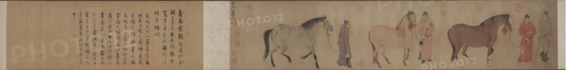 Three Horses and Four Grooms, c. 1320s. Ren Renfa (Chinese, 1254-1328). Handscroll, ink and color on silk; image: 29.2 x 136.8 cm (11 1/2 x 53 7/8 in.); roll: 5.1 cm (2 in.).