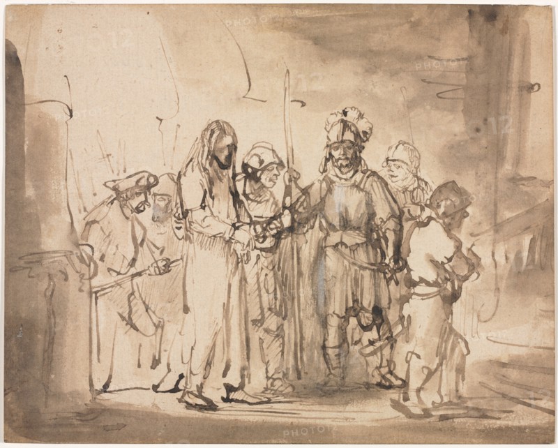 Christ Taken Before Caiaphas, c. 1641-1642. Rembrandt van Rijn (Dutch, 1606-1669). Pen and brown ink and brush and brown wash, with white gouache; sheet: 18.2 x 23.4 cm (7 3/16 x 9 3/16 in.); secondary support: 18.2 x 23.4 cm (7 3/16 x 9 3/16 in.).