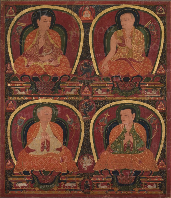Four Seated Masters, c. 1450. Central Tibet, Ngor monastery, 15th century. Opaque watercolor, ink, and gold on cotton; overall: 57.7 x 52 cm (22 11/16 x 20 1/2 in.).