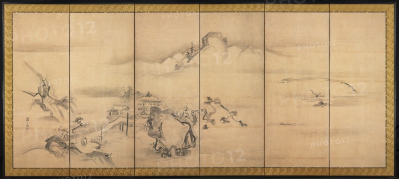 Eight Views of the Xiao and Xiang Rivers, 1700s. Watanabe Shiko (Japanese, 1683-1755). Six-panel folding screen, ink on paper; image: 150 x 356 cm (59 1/16 x 140 3/16 in.); overall: 170 x 376 cm (66 15/16 x 148 1/16 in.).