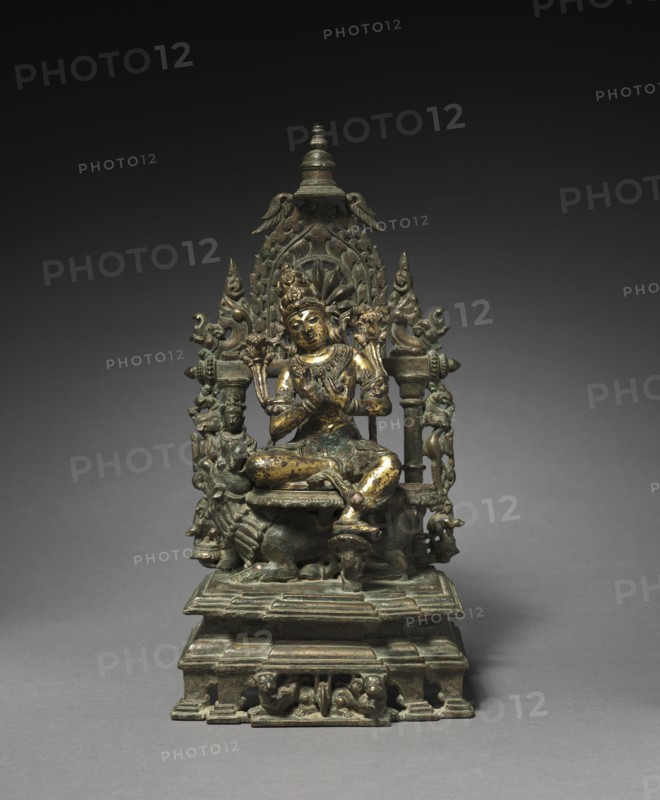 Bodhisattva  Manjushri: Lord of Wisdom, 1000s-1100s. East India, Bengal, Pala period, 11th-12th century. Image of gilded copper, pedestal and mandorla of brass; overall: 31.2 cm (12 5/16 in.); part 1: 6.5 x 15.5 x 11.9 cm (2 9/16 x 6 1/8 x 4 11/16 in.); part 2: 41.9 x 15.2 cm (16 1/2 x 6 in.); part 3: 16.5 x 8.5 cm (6 1/2 x 3 3/8 in.).