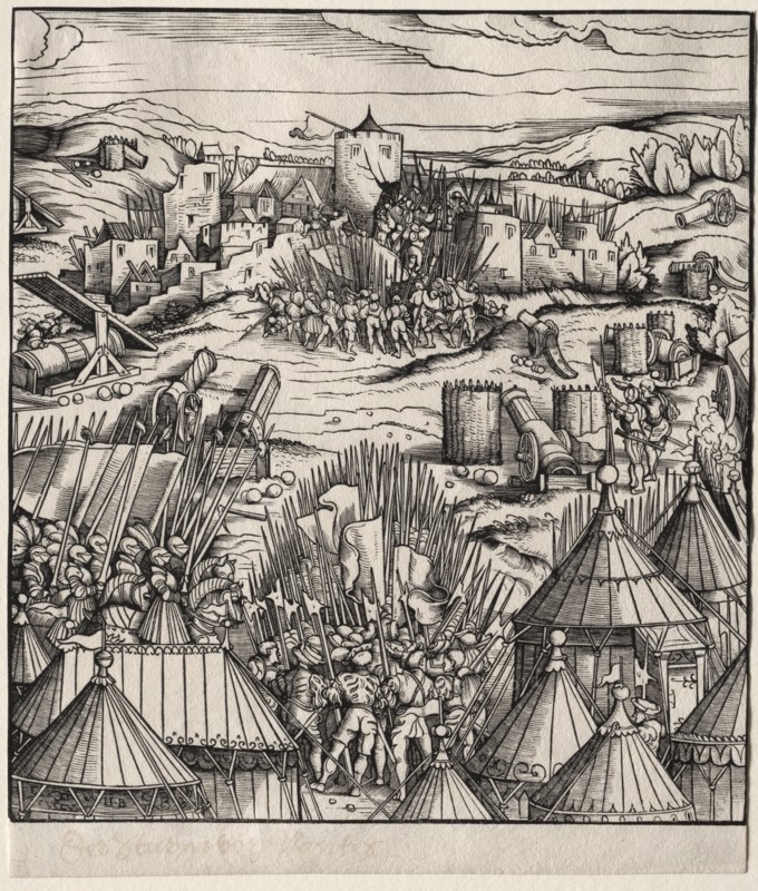 Der Weisskunig: The Storming of Nantes, 1512-1515. Hans Burgkmair (German, 1473-1531). Woodcut; sheet: 23.2 x 19.7 cm (9 1/8 x 7 3/4 in.); image: 21.7 x 19.7 cm (8 9/16 x 7 3/4 in.)