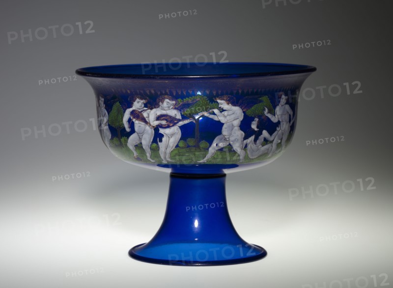 Tazza with a Frieze of Putti, 1800s. Italy, Venice (Murano), 19th century. Enameled blue glass; overall: 18.3 x 22.9 cm (7 3/16 x 9 in.).