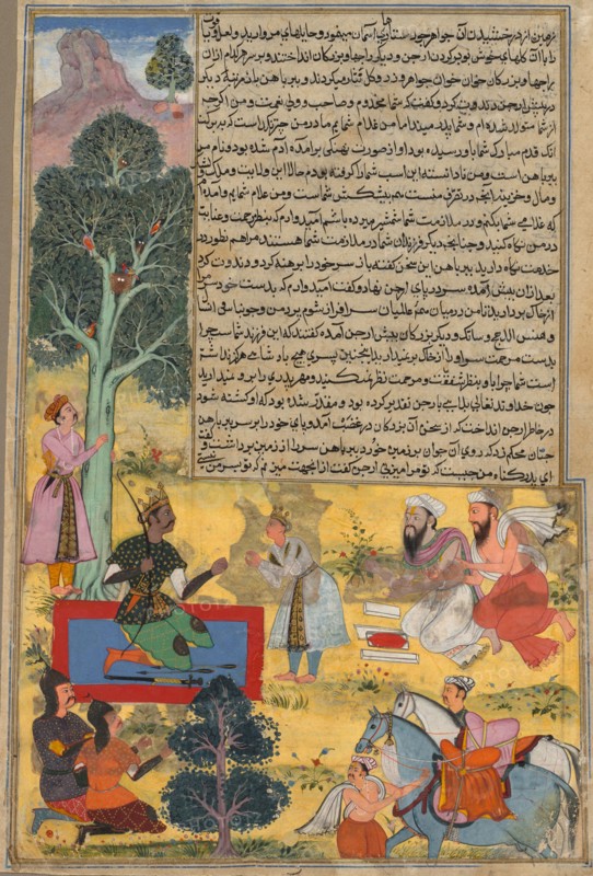 Vabhruvahana Approaches Arjuna, page from the Khan Khanan's Razm-nama, c. 1610 (?) - 1617. Sur Das Gujarati (Indian, active 16th century). Ink and color with gold on paper; overall: 35 x 24 cm (13 3/4 x 9 7/16 in.).
