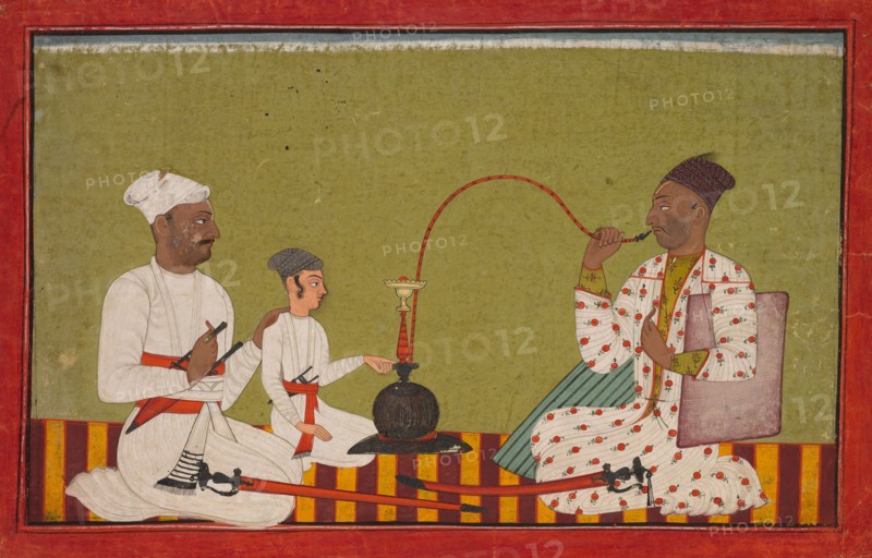 Seated Prince Smoking a Hookah, c, 1710-1715. India, Pahari, Mankot, 18th century. Ink and color on paper; image: 16.2 x 26.5 cm (6 3/8 x 10 7/16 in.); overall: 20.3 x 31 cm (8 x 12 3/16 in.).