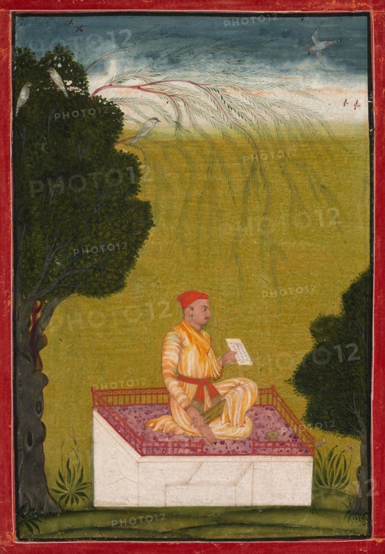 Raja Dalip Singh of Guler on a Dias, c. 1720. India, Himachal Pradesh, Bilaspur. Opaque watercolor and gold on paper; image: 22.7 x 15.3 cm (8 15/16 x 6 in.); overall: 27.1 x 19.8 cm (10 11/16 x 7 13/16 in.).