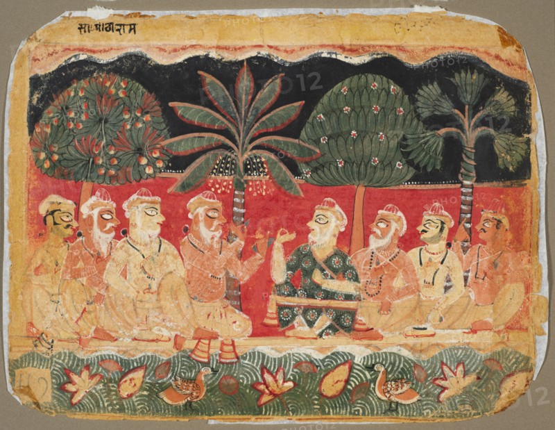 Nanda and the Elders, page from a Bhagavata Purana, c. 1525. India, Mewar or Delhi/Agra region, pre-Mughal, 16th century. Ink and color on paper; overall: 16.3 x 21.5 cm (6 7/16 x 8 7/16 in.).