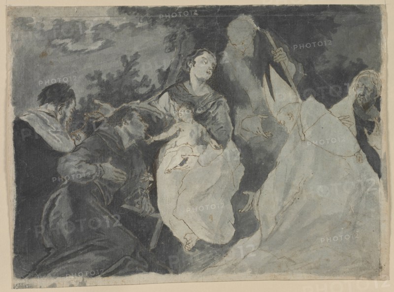Madonna and Child with Saints, 1700s. After Giuseppe Bazzani (Italian, 1690-1769). Pen and brown ink and brush and gray wash, with traces of black chalk and brush and brown wash; sheet: 29.2 x 39.3 cm (11 1/2 x 15 1/2 in.).