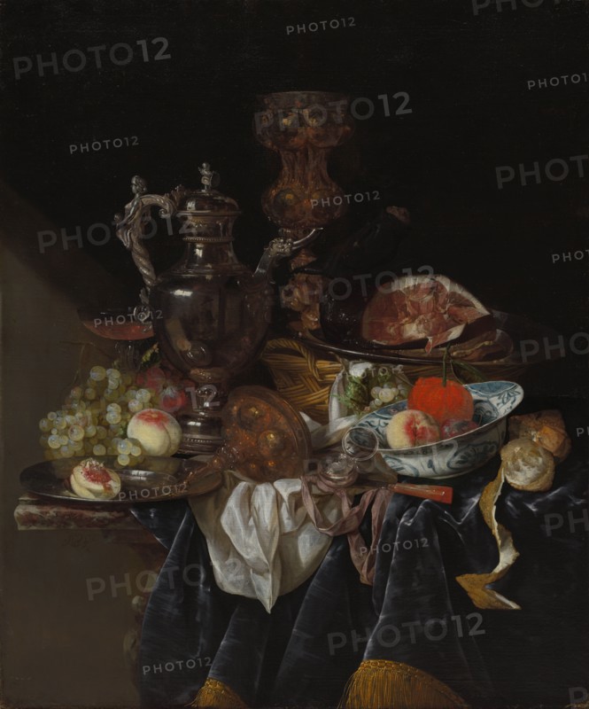 Silver Wine Jug, Ham, and Fruit, c. 1660-1666. Abraham van Beyeren (Dutch, 1620/21-1690). Oil on canvas; framed: 124.5 x 108 x 8.5 cm (49 x 42 1/2 x 3 3/8 in.); unframed: 99.7 x 82.6 cm (39 1/4 x 32 1/2 in.).