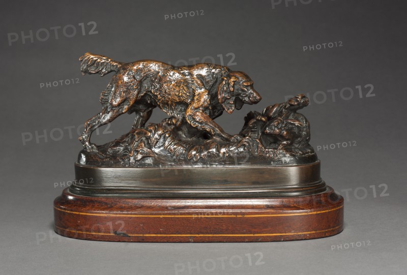 Spaniel Pointing a Rabbit, c. 1830 -1875. Antoine-Louis Barye (French, 1796-1875). Bronze; overall: 11.5 x 21.6 x 8 cm (4 1/2 x 8 1/2 x 3 1/8 in.)
