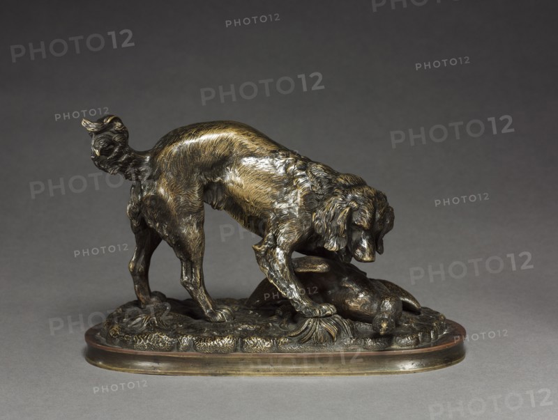 Spaniel and Duck, c.1830 - 1875. Antoine-Louis Barye (French, 1796-1875). Bronze; overall: 14.9 x 22.8 x 15.3 cm (5 7/8 x 9 x 6 in.)