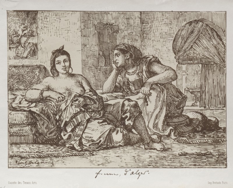 Printed in the Gazette des Beaux-Arts: Women of Algiers, 1833. Eugène Delacroix (French, 1798-1863), Bertauts. Lithograph printed in brown on a beige tint stone; sheet: 19.8 x 27.8 cm (7 13/16 x 10 15/16 in.); image: 16 x 22.1 cm (6 5/16 x 8 11/16 in.)