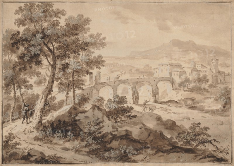 Landscape with Bridge, 1700-1729. Marco Ricci (Italian, 1676-1729). Brush and brown wash with green gouache, heightened with lead white; framing lines in brown ink; sheet: 40 x 54.5 cm (15 3/4 x 21 7/16 in.); image: 36.7 x 51.9 cm (14 7/16 x 20 7/16 in.).