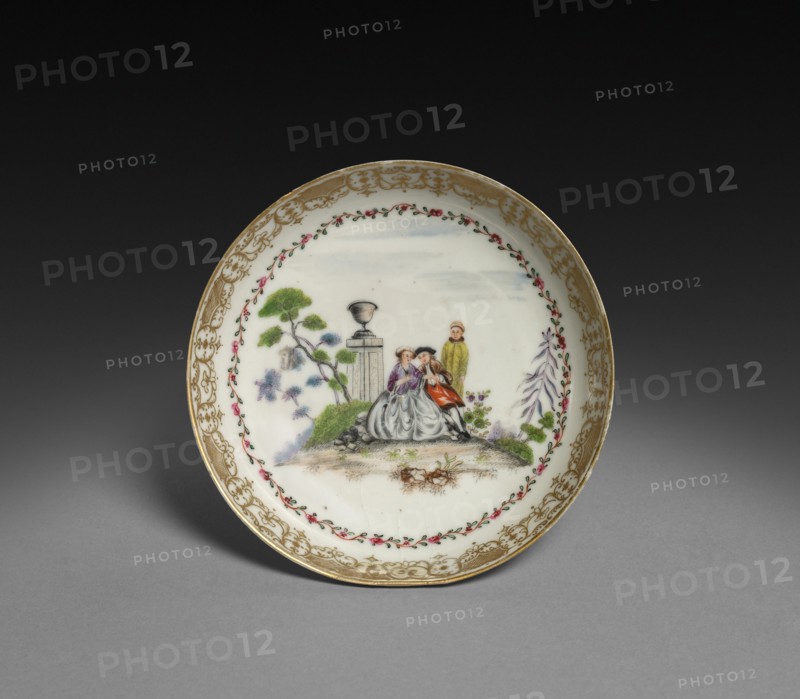 Saucer with Scene in style of Watteau, c. 1750-1760. China, Chinese Export -- Continental Market, 18th century. Porcelain; diameter: 12.6 cm (4 15/16 in.).
