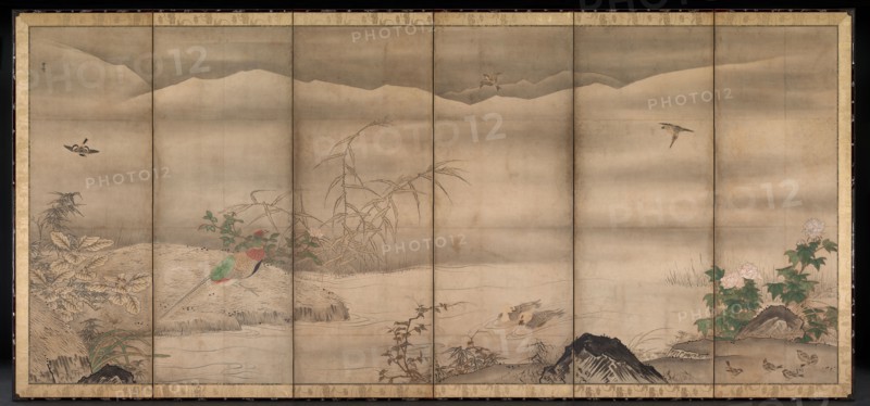 Birds and Flowers in a Landscape of the Four Seasons, second half of the 1500s. Follower of Sesshu Toyo (Japanese, 1420-1506). Six-panel folding screen, ink and color on paper; image: 158.5 x 359.4 cm (62 3/8 x 141 1/2 in.); panel: 62.8 cm (24 3/4 in.); including mounting: 174.6 x 281 cm (68 3/4 x 110 5/8 in.).